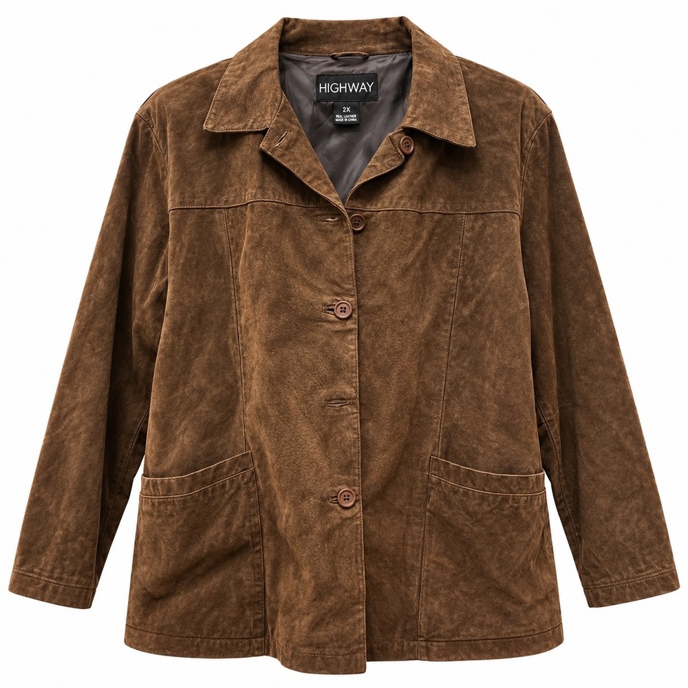 Highway Brown Real Leather Suede Button Front Jacket Plus Size 2X Boho Utility